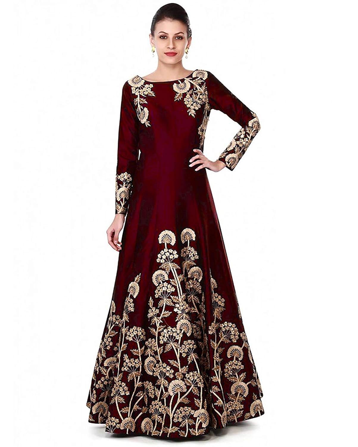 bridal4fashion women's taffeta silk anarkali gown (maroon_free size)