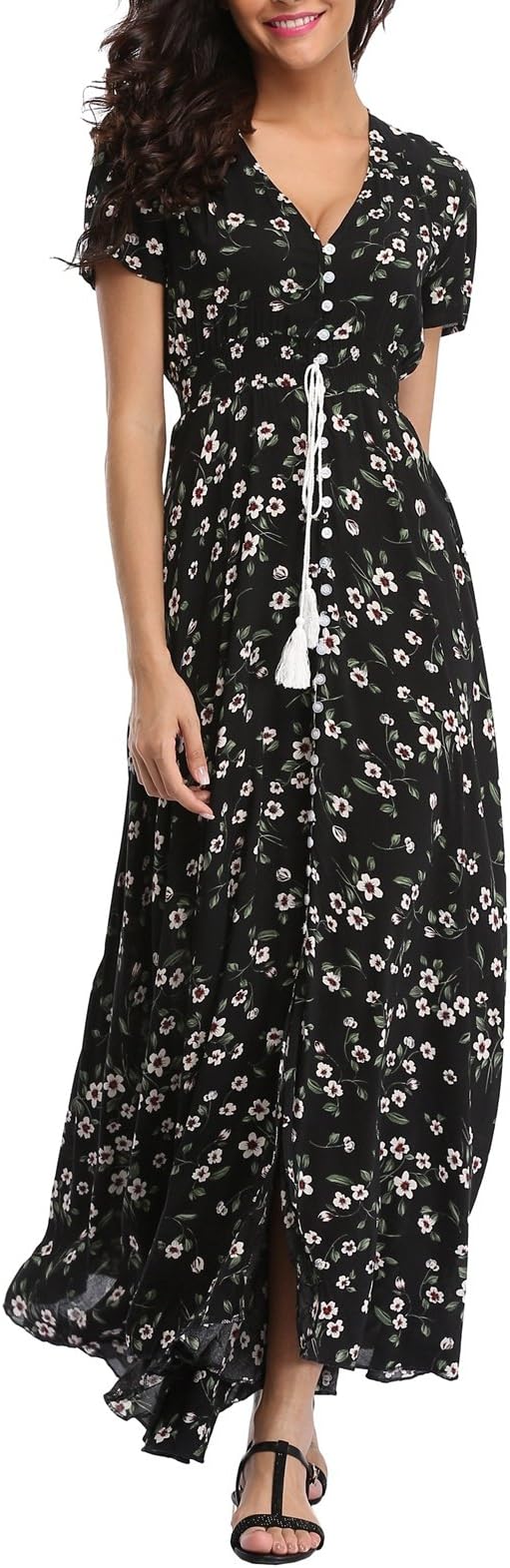 VintageClothingWomen's Floral Maxi Dresses Boho Button Up Split Summer Casual Long Dress Beach Party Dress