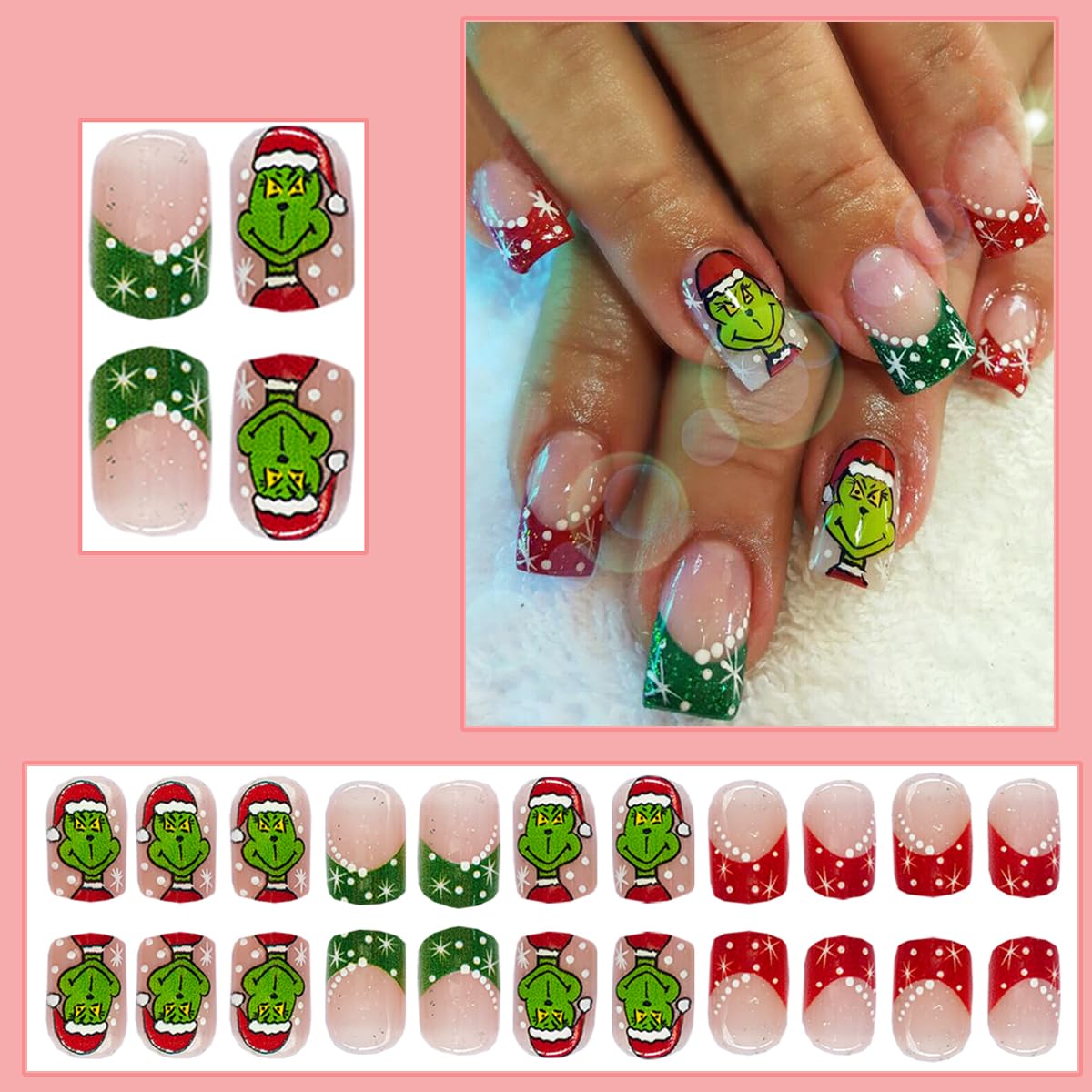 Christmas Press on Nails French Tip Fake Nails Cute Cartoon Nail Tips False Nails with Design Holiday Full Cover Glossy Stick on Nails Winter Acrylic Artificial on Nails Xmas Nail Decoration for Women - Image 2