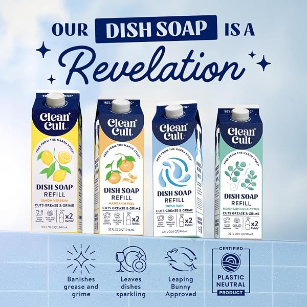 CLEANCULT DISH SOAP LIQUID REFILL (32OZ, 1 PACK) – PLANT BASED CLEANING POWER – DISH SOAP THAT CUTS GREASE & GRIME – FREE OF HARSH CHEMICALS – USES 90% LESS PLASTIC – MOUNTAIN EUCALYPTUS
