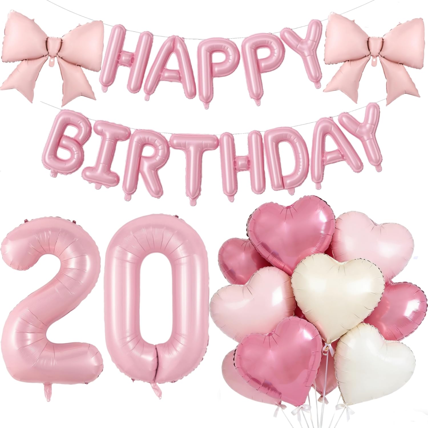 Pink Happy 20th Birthday Decorations, Large 20 Number Foil Balloon 21 Inch Pink Bow 16 Inch Happy Birthday Letter Balloons Banner with 18 Inch Heart Balloons for Girls Party