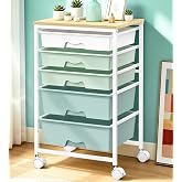 SUNALLY Rolling Carts With 5 Drawers, Storage Drawer Carts for Craft, Green | Rolling Utility Cart with Wooden Tabletop &amp; 2 Lockable Wheels, Teacher Storage Cart for Classroom School, Makeup, Nail, Art