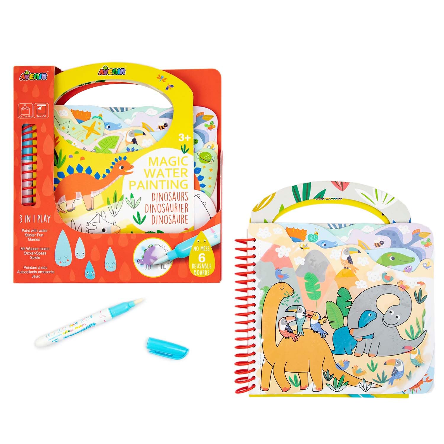 Avenir Magic Water Painting | Dinosaurs | No Mess Water Painting & Stickers | Grab and go! Ideal for Travel. A Fun DIY Activity Book for Kids 3+