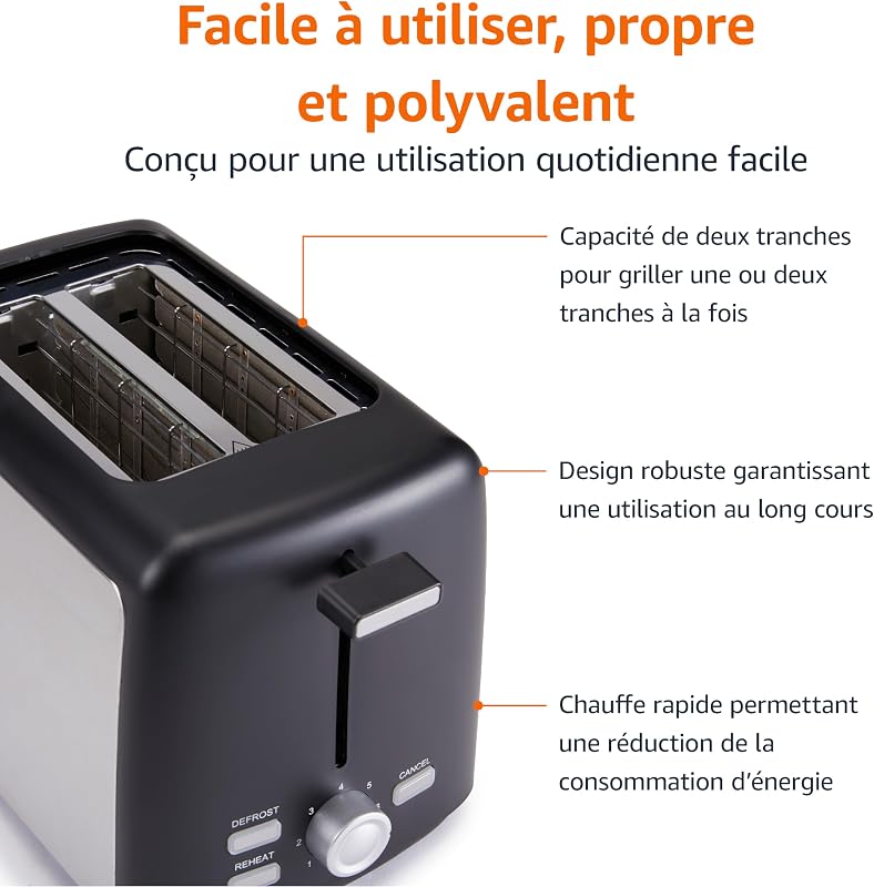Grille-Pain 2 Tranches avec 7 Niveaux de Dorage et Tiroir Ramasse-miettes Amovible, Fentes Extra Larges, 800W, Noir — photo 4 sur 5