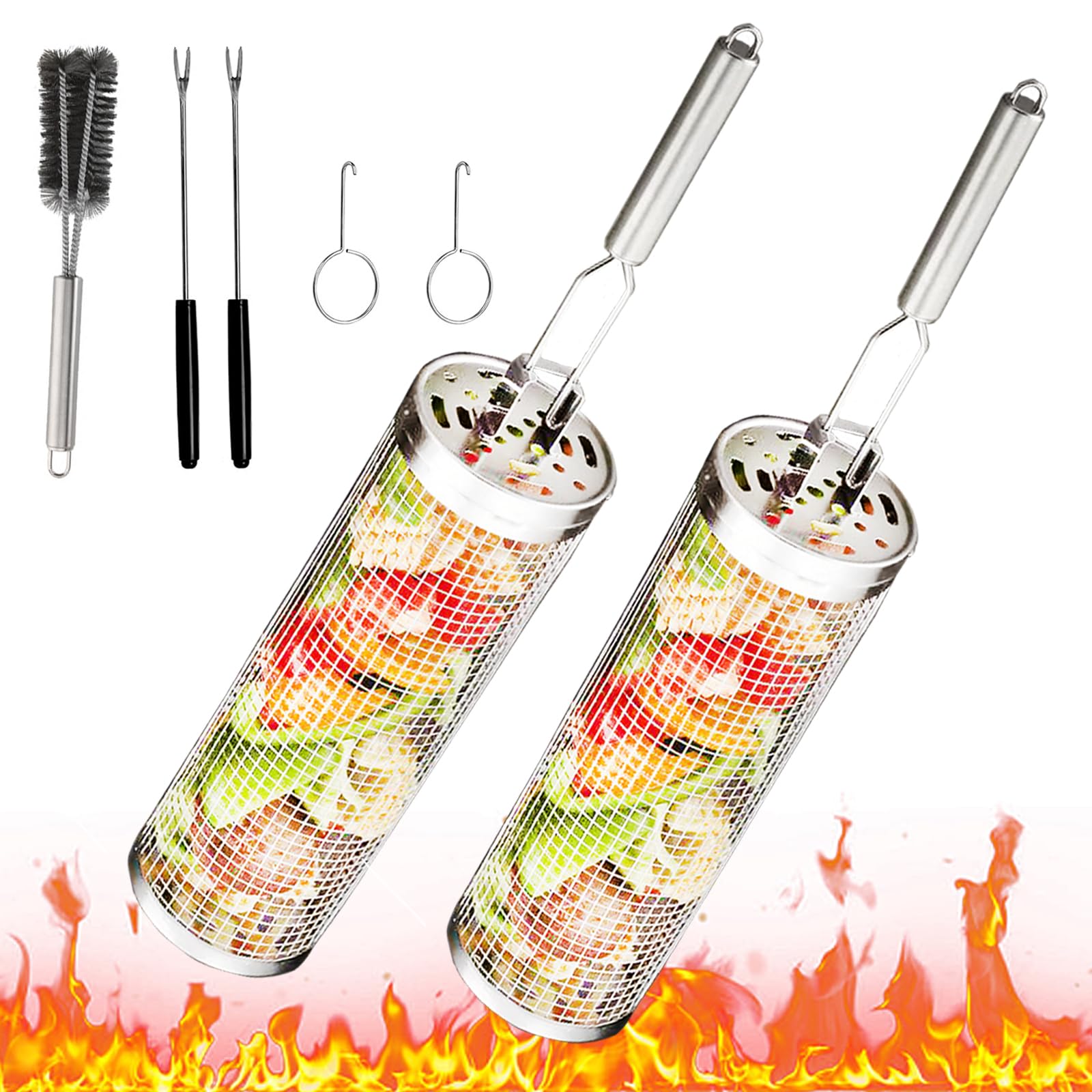 Set of 2 Stainless Steel Grill Baskets with Removable Handle, Grill Accessories, BBQ Grill Vegetables Grill Basket, Cylindrical, Rolling Grill Basket, Barbecue Accessories, Camping and Patio Grills,