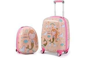 BABY JOY 2 PC Kids Carry On Luggage Set, 12” Backpack & 18” Toddler Suitcase, Hard Shell Travelling Case & Backpack w/ 4 Rota