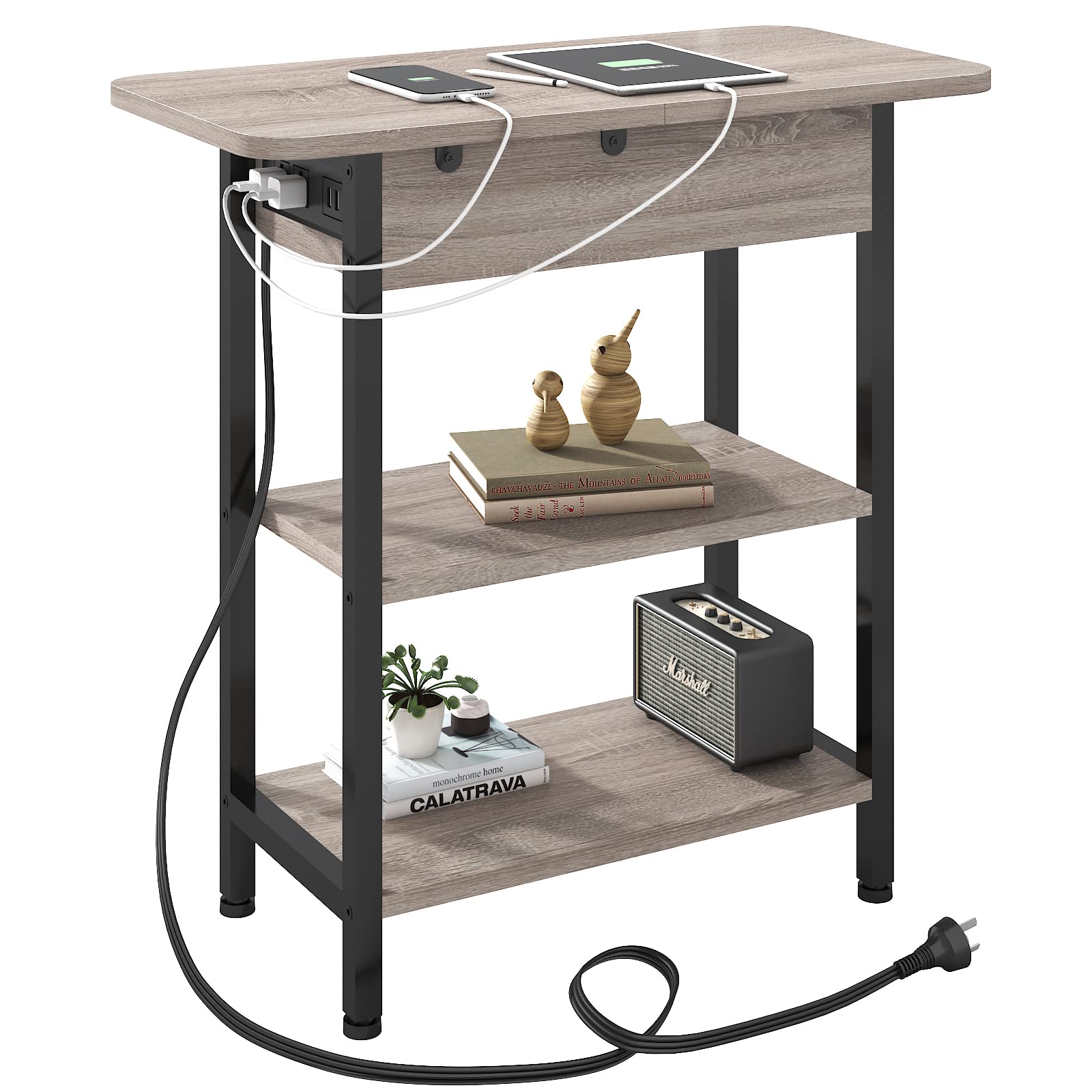 Photo 1 of LIDYUK End Table with Charging Station, Flip Top Side Table with USB Ports and Outlets, Nightstand for Small Spaces, Bedside Tables with Storage Shelf for Living Room, Bedroom, Greige
