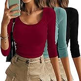 Xaatren 3 Pack 3/4 Length Sleeve Tops for Women Ribbed Scoop Neck Slim Fitted T-Shirts Summer Casual Basic Tight Tees