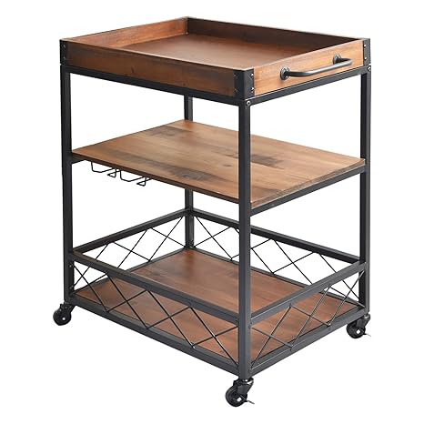 Charahome Solid Wood Kitchen Serving Carts Rolling Bar Cart With 3 Tier Storage Shelves Kitchen Island Cart With Wine Glass Holder Handle Racks Lockable Caster Liquor Cart Removable Top Box Container Amazon In Furniture