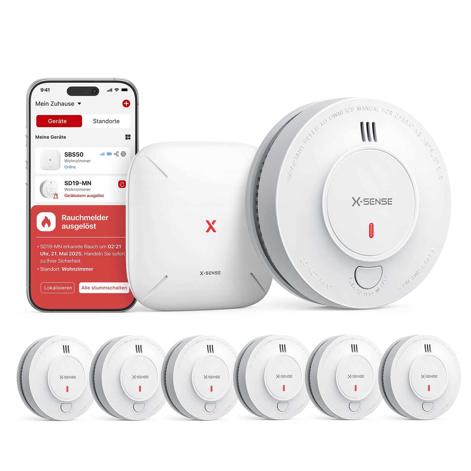 X-Sense Smart WLAN-Rauchmelder Feuermelder mit 10-Jahres-Batterie und SBS50 Basisstation, TÜV Rheinland Zertifiziert, photoelektrischer vernetzbarer Funk-Brandmelder, SD19-MN61, 6 Stück