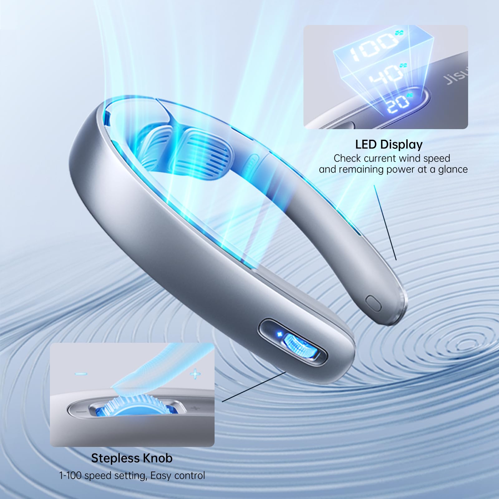JISULIFE Portable Neck Fan, Upgraded 100 Speeds Personal Bladeless Fan Wearable with Neck Brace, LED Display, 5000mAh Rechargeable Battery Operated, Gifts for Women Men-Grey
