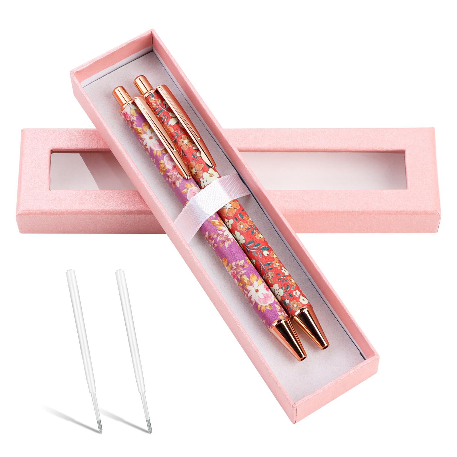 Goerpn 2Pcs Floral Metal Ballpoint Pens 1.0 mm Click Retractable Pretty Pen Sets Black Ink Nice Fancy Pens in Gift Box for Women Ladies Girls