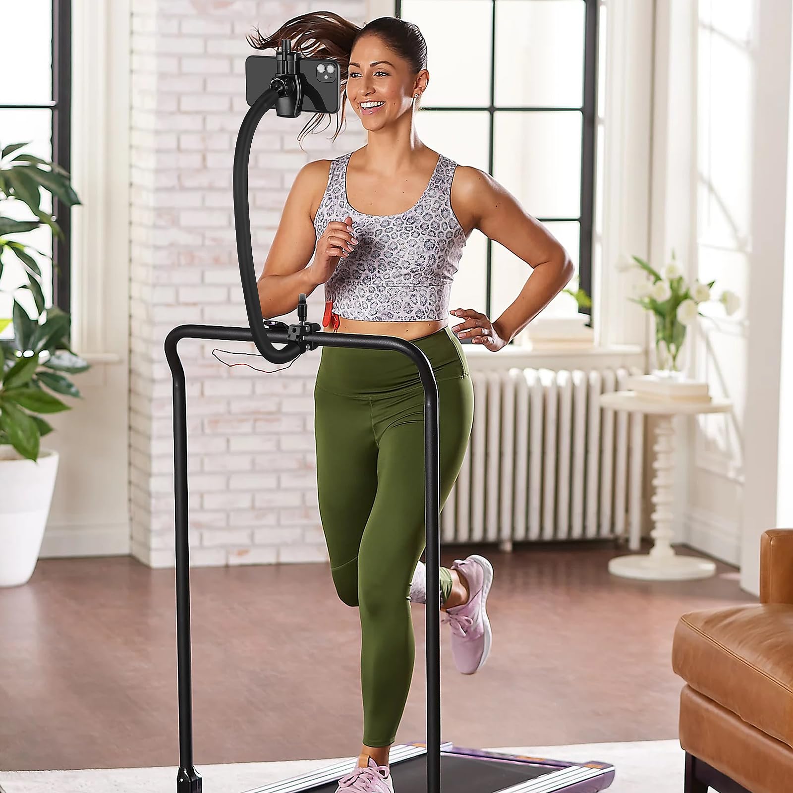 Mippko Gooseneck Phone Holder for Mic Stand/Music Stand/Stroller/Treadmill/Spin Bike/Exercise Bicycle,50 cm Long Flexible Gooseneck Arm Super Crab Clamp Mount,Compatible with 3.5~7.5