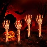 Halloween Decorations Outdoor,Solar 4 Pack Light Up Skeleton Arm Decorations,120 LED Purple & Orange Lights with 8 Modes,Halloween Skeleton Arm String Lights for Porches Yards Gardens Lawn