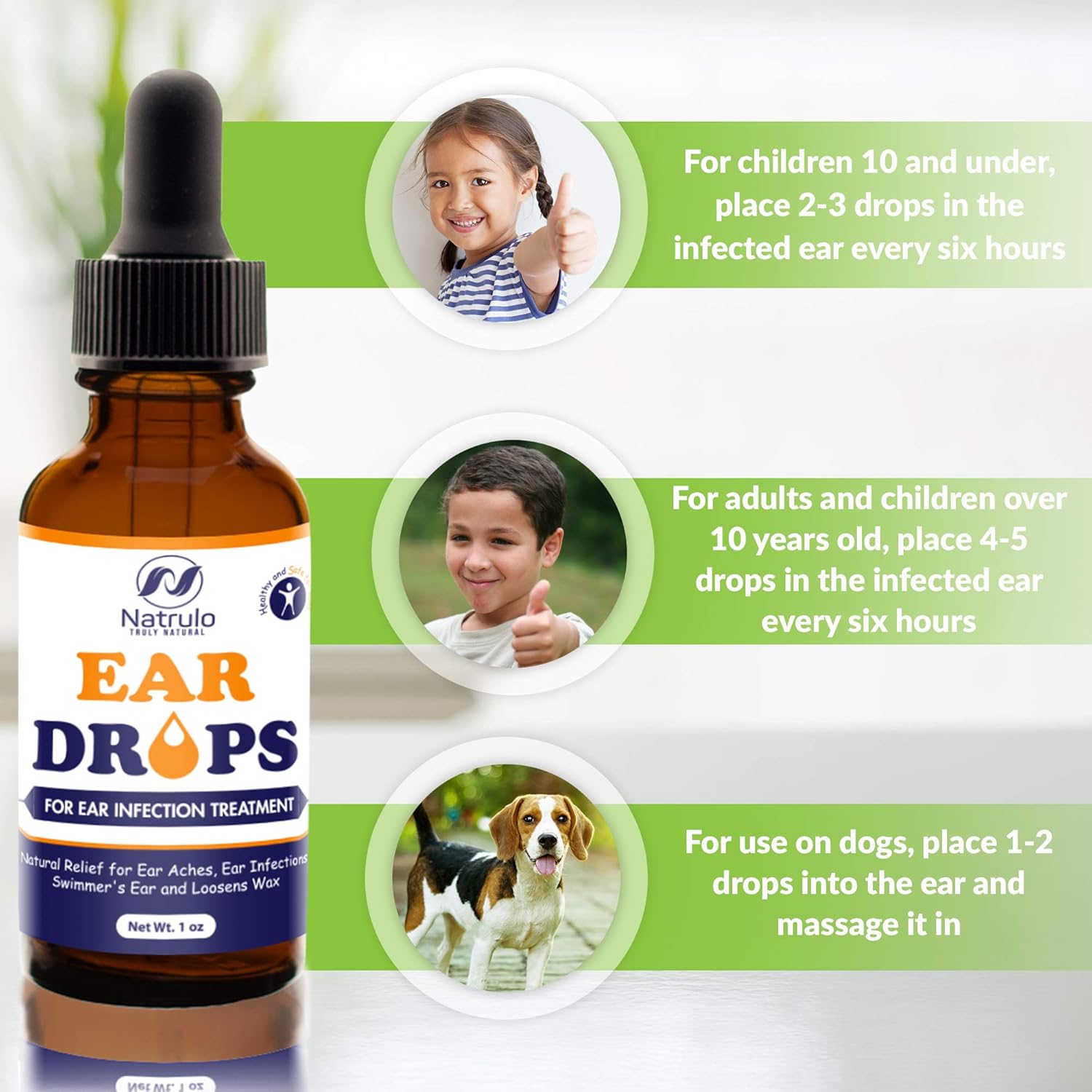 Natrulo Natural Ear Drops for Ear Infection Treatment - Homeopathic, Herbal Eardrops for Adults, Children & Pets - Relieves Ear Aches, Infections, Swimmer's Ear, Loosens Wax - Kids Safe, Made in USA: Health & Personal Care