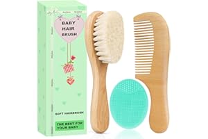 Molylove Baby Hair Brush with Wooden Handle and Comb Set for Newborns & Toddlers | Natural Soft Goat Bristles l Wood Comb l Green Cradle Cap Brush | Ideal for Cradle Cap (3 Piece)