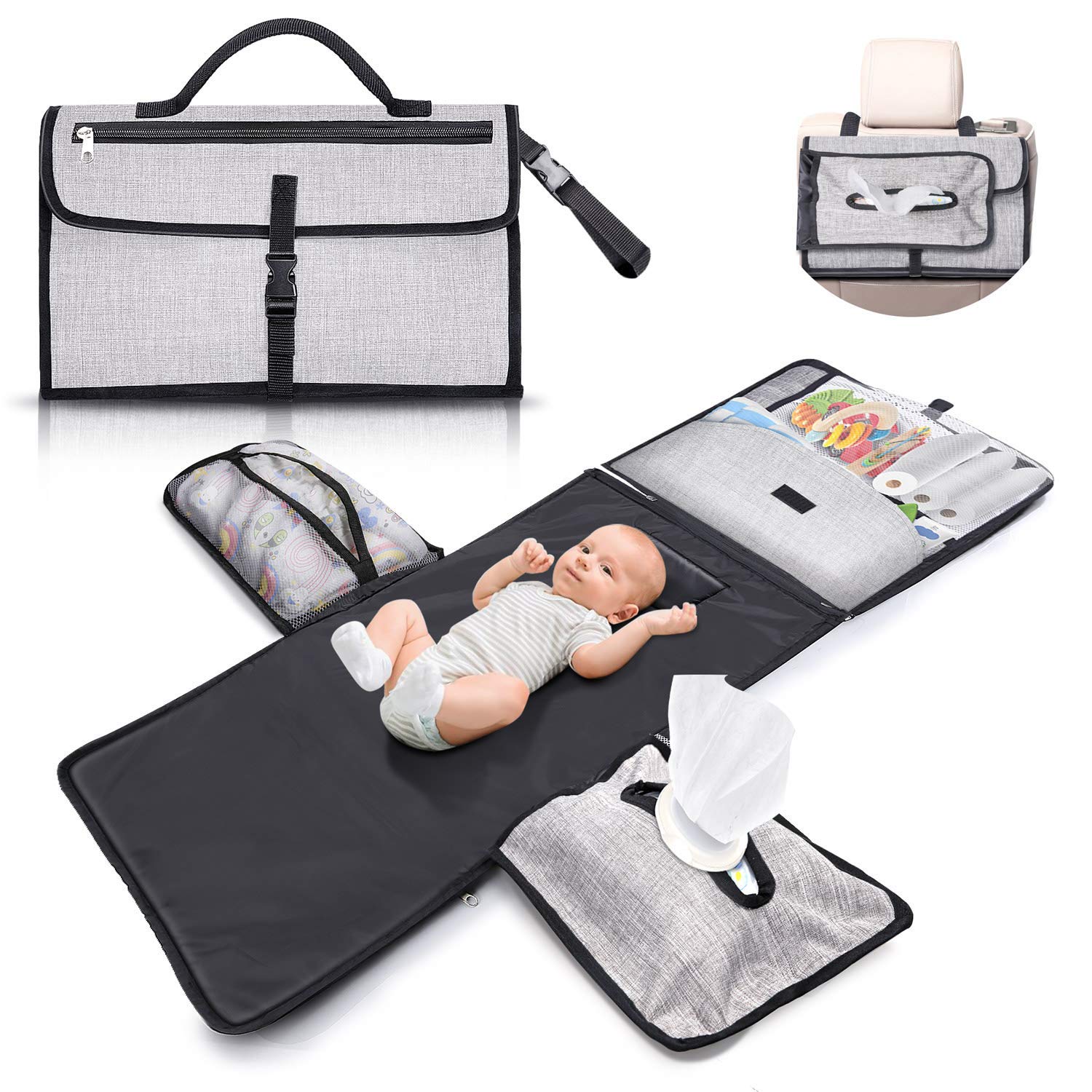 Portable and Waterproof XL Baby Changing Mat - This Nappy Changing mat is a Detachable Bag consisting of 6 Pockets Along with a Wipe Dispenser and a Comfortable Cushion for Baby's Head