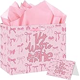 HZRNNA Large Half Way to One Birthday Gift Bag, Pink Bow Gift Bag with Card and Tissue Paper, 1/2 Birthday Decorations for Girls, Newborns, Babies, Baby Shower Party Supplies