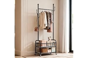 Small Clothing Rack with Shoe Storage - Rolling Garment Racks in wheels for Hanging Clothes Free Standing Narrow Shirt Racks 