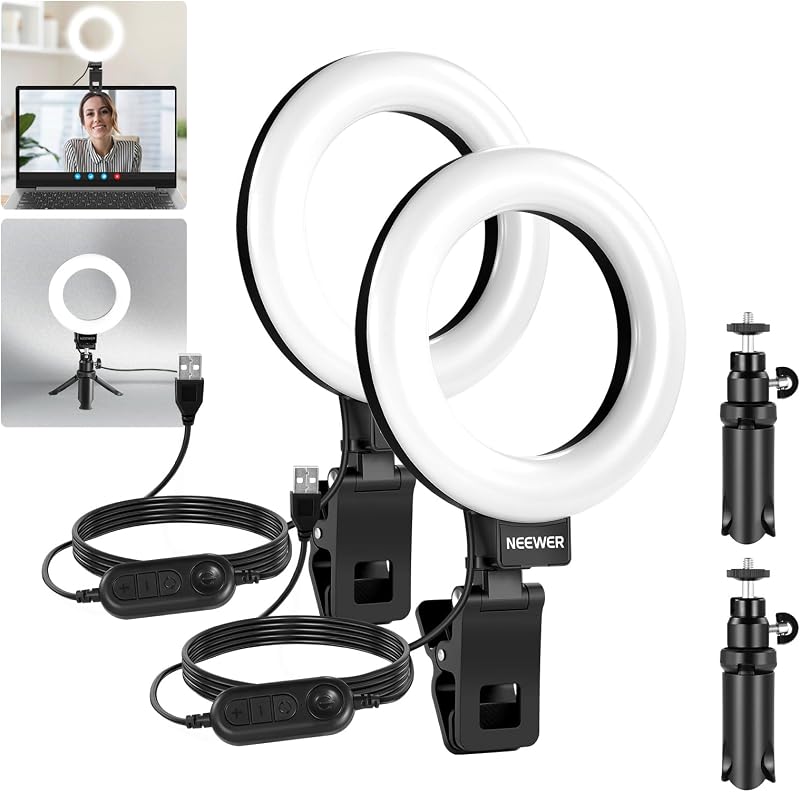 BASICS Ring Light 5" per Video Conferenza, Kit Luce a Clip con Treppiede Tavolo (2pz) per Monitor Laptop Computer Chiamate Zoom Streaming Live Lavoro a Distanza Studio Registrazione Video, BR60