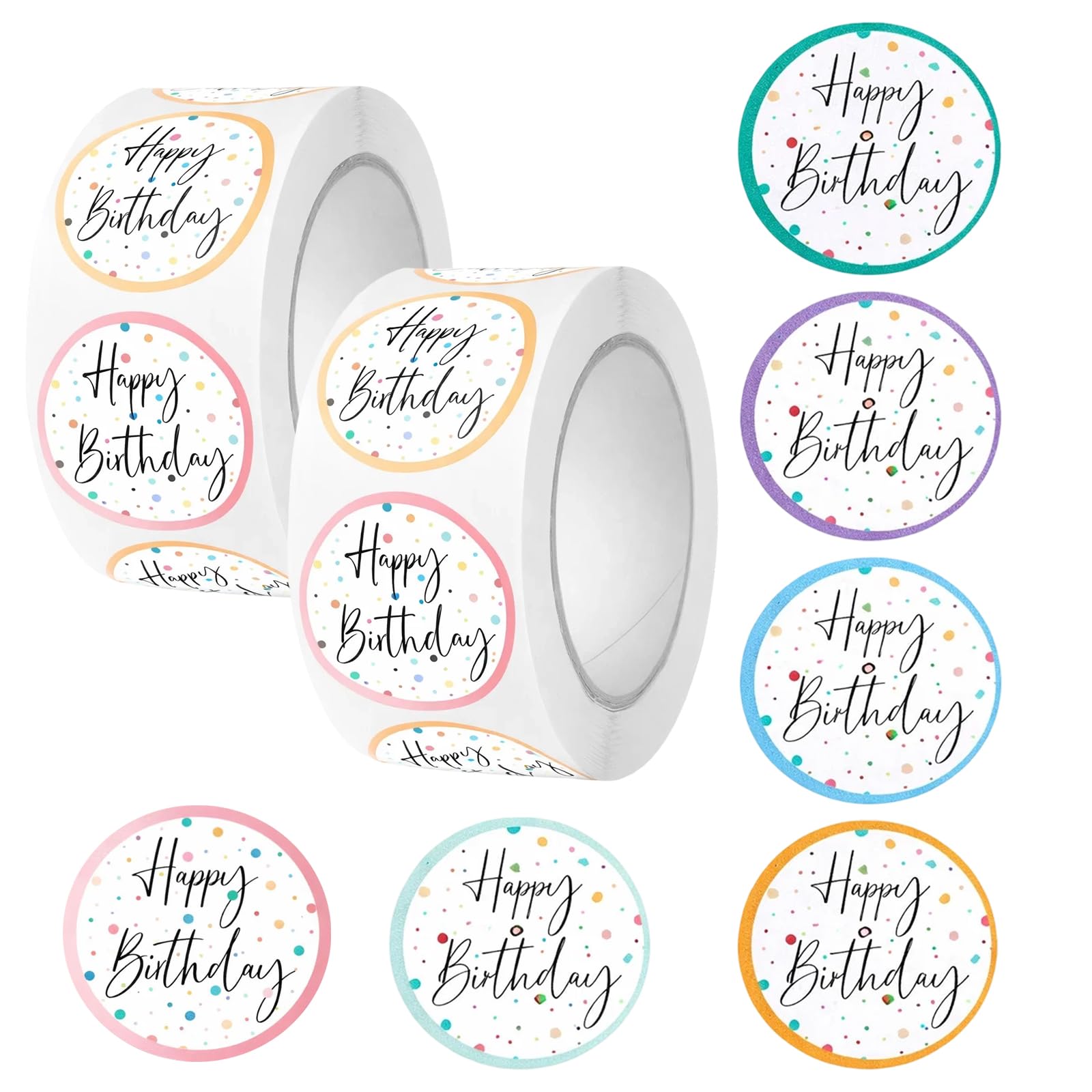 1000 Pcs 25mm Happy Birthday Stickers, 2 Rolls Self Adhesive Birthday Stickers with 6 Colors, 2.5cm Round Birthday Tags for Party Decorations Cards Calendars Phones Laptops