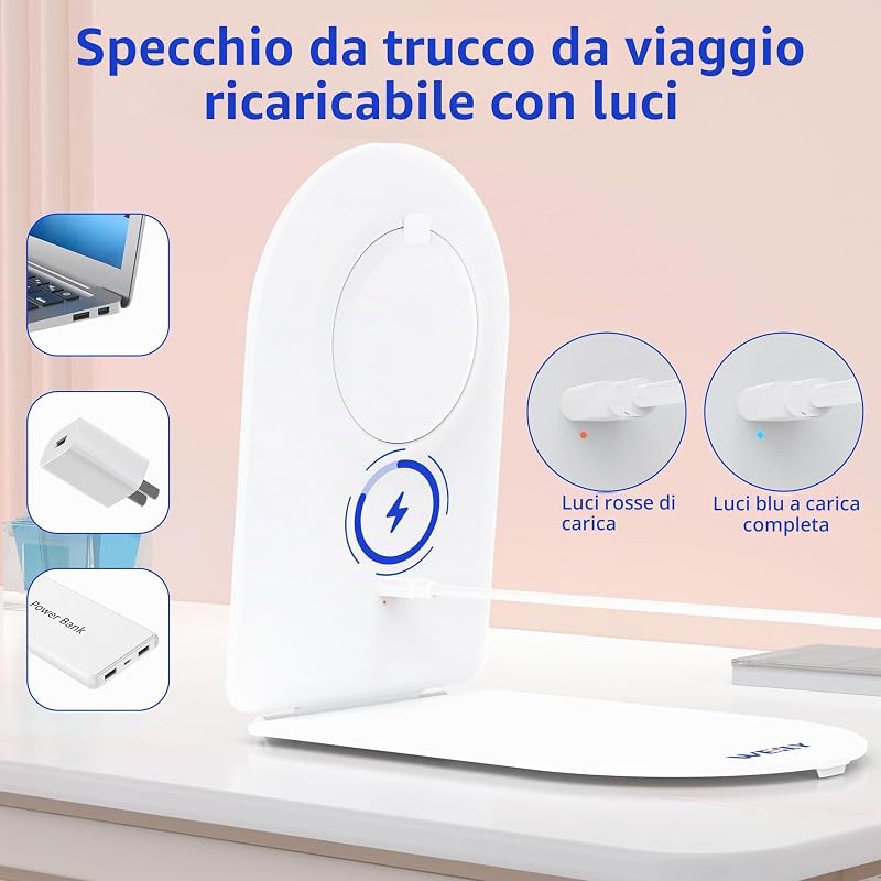 Specchio cosmetico con illuminazione, 10 interruttori touch, pieghevole da viaggio con 3 colori chiari, ad ultrasuoni con luce