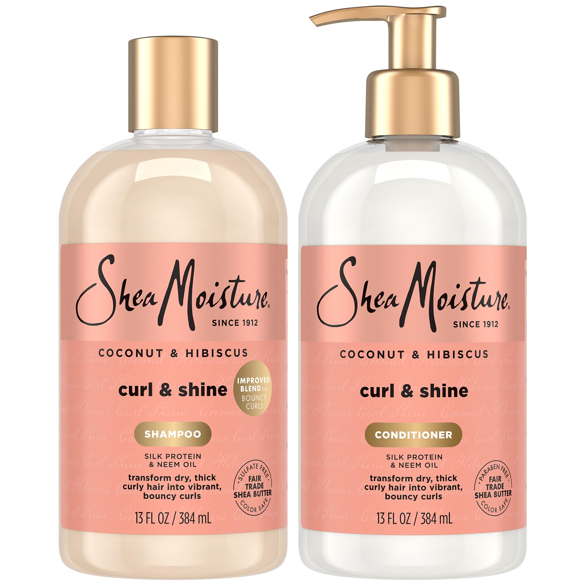Shea Moisture Coconut & Hibiscus Curl & Shine Shampoo and Conditioner Set W/Silk Protein and Neem Oil 13 oz Bottles