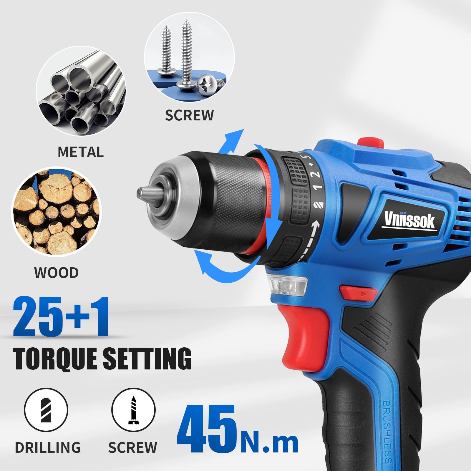 Vniissok Cordless Drill Set,18V Brushless Power impach driver with Battery and Charger, 3/8