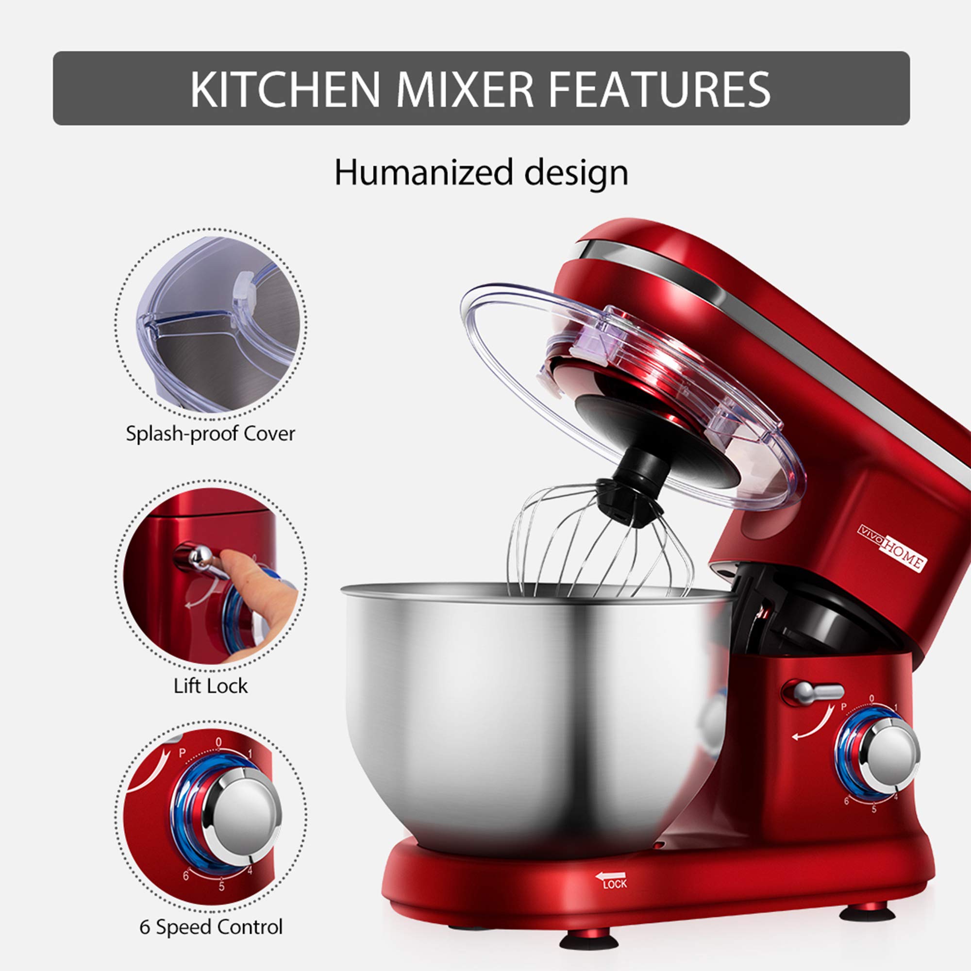 VIVOHOME Stand Mixer, 650W 6 Speed 6 Quart Tilt-Head Kitchen Electric Food Mixer with Beater, Dough Hook and Wire Whip, Red, ETL Listed