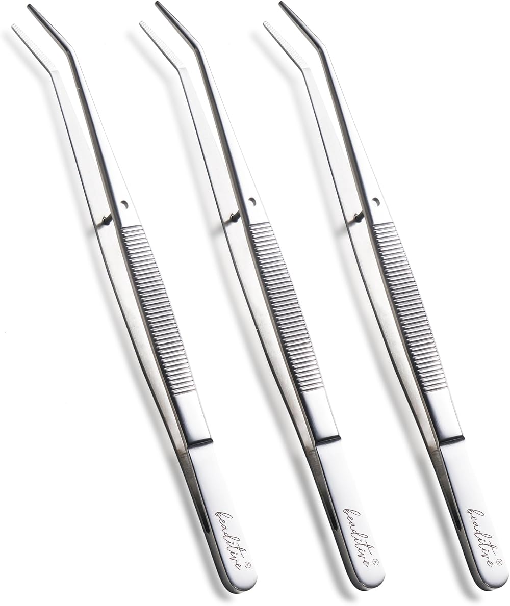 Beaditive 6-inch Sewing Tweezers 3-PC Serrated Bent Tips Stainless Steel