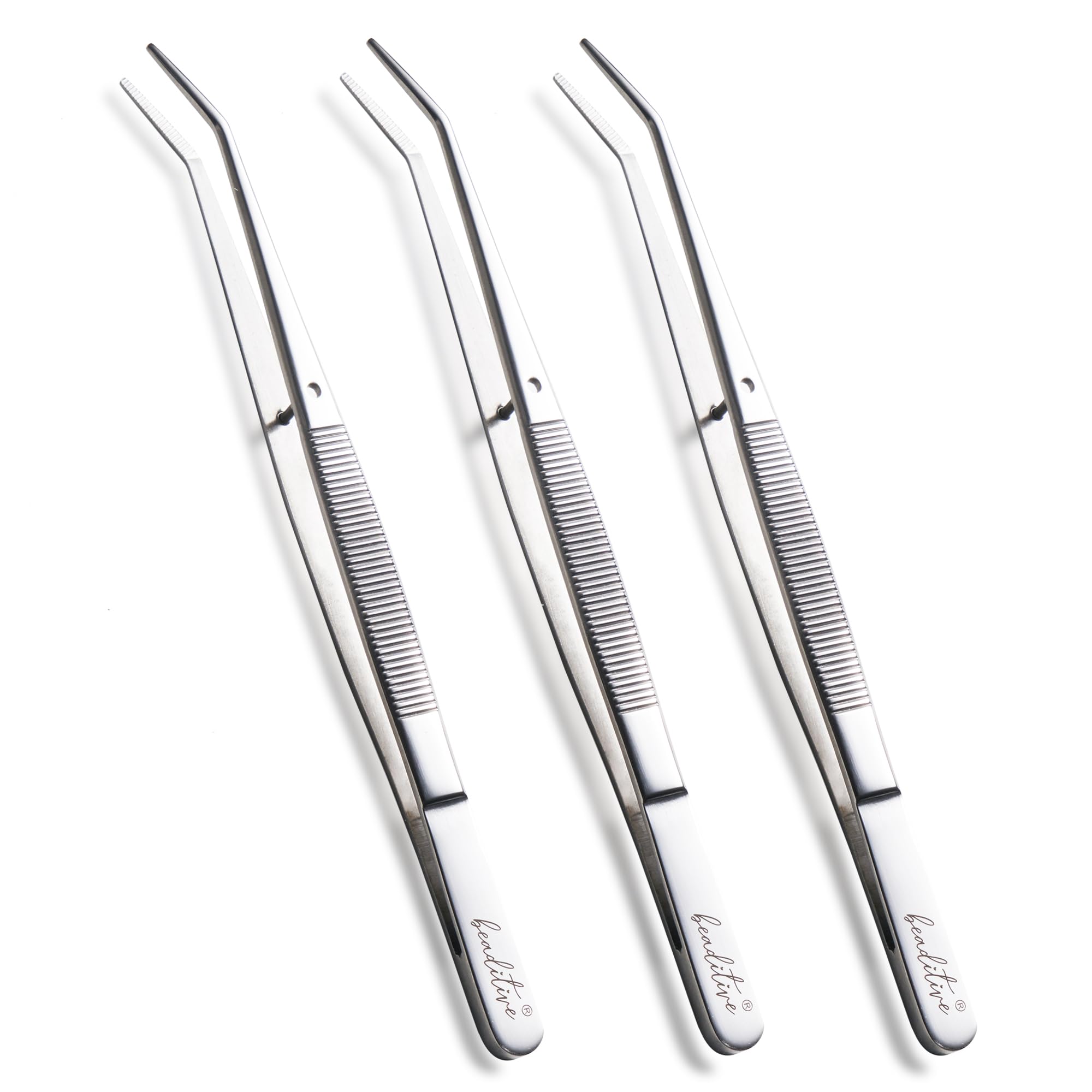 Beaditive 6-inch Sewing Machine Tweezers Set (3-PC) Serrated Bent Tips | Professional Grade, High Precision | Stainless Steel