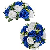 BLOSMON Royal Blue White Flowers: 2 Pcs Fake Roses Flower Balls Centerpiece for Wedding Table - Artificial Silk Kissing Bouquet Floral Arrangement for Home Party Event Decor