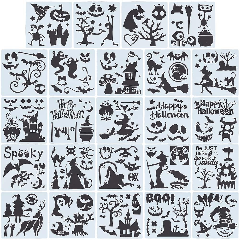 GORGECRAFT 15cm 24 Styles Witches Stencils Reusable Painting Halloween Stencil Plastic Drawing Templates DIY Decorative Pumpkins Ghosts Bats Black Cat Template Crafts for Wood Wall Decor
