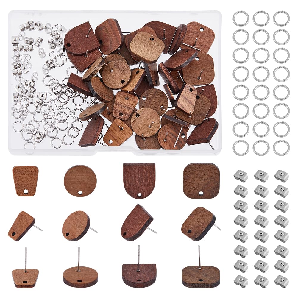 DICOSMETIC 40Pcs 4 Styles Wood Stud Earring Findings Set Coconut Brown Flat Earring Posts with Wooden Stud Earrings with Jump Rings and Ear Nuts for DIY Earring Jewelry Making, Hole: 1.8-2mm