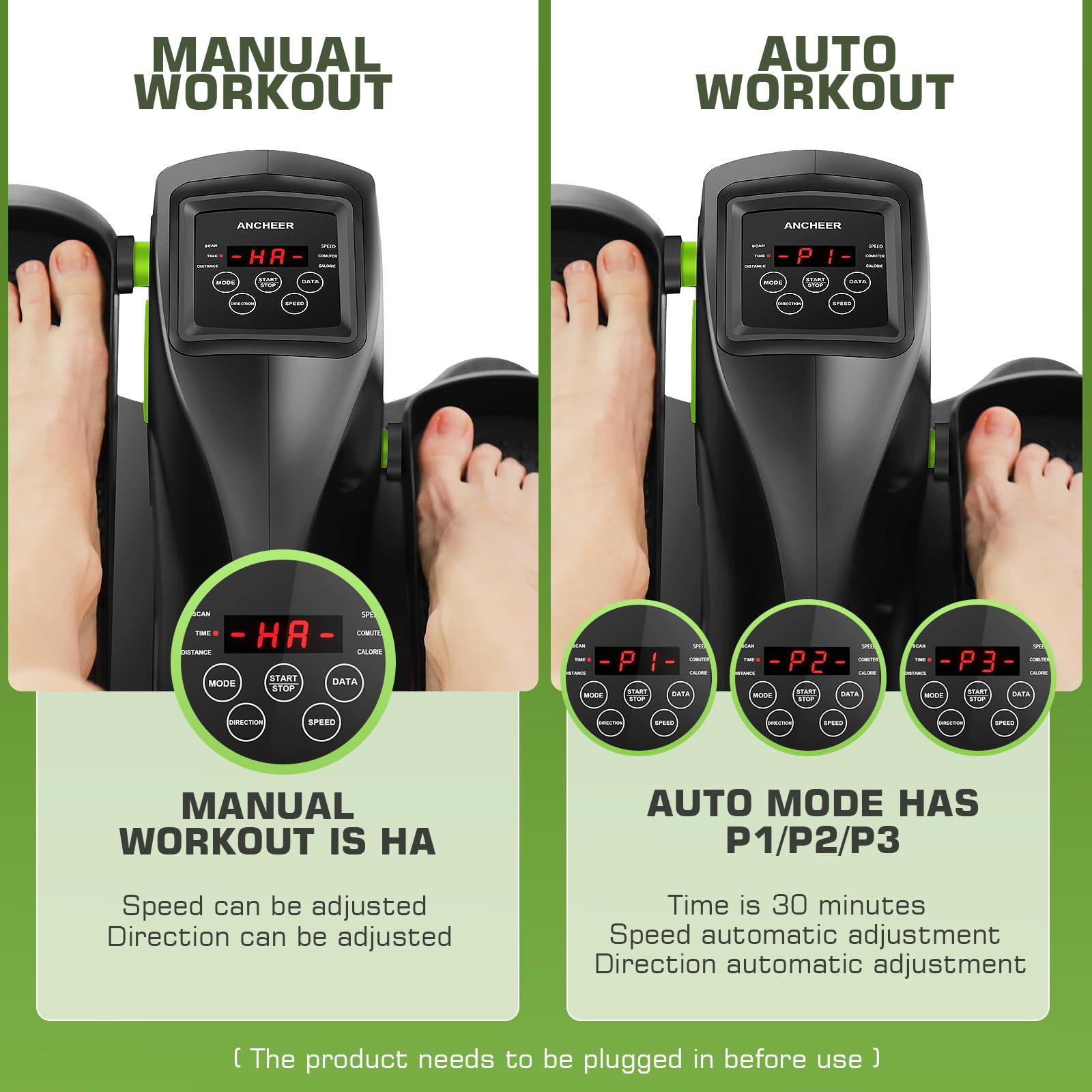 ANCHEER Under Desk Elliptical Machine - Quiet Pedal Exerciser for Seniors, Office & Home, Low-Impact Seated Leg Workout Equipment, Smart LCD Display, Remote Control(Black/Green)