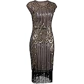 Vijiv 1920s Vintage Inspired Sequin Embellished Fringe Long Gatsby Flapper Dress