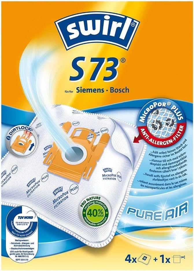 Swirl S 73 MicroPor Plus Staubsaugerbeutel für Siemens und Bosch Staubsauger | Dauerhaft hohe Saugleistung | Anti-Allergen-Filter | 4 Stück inkl. Filter