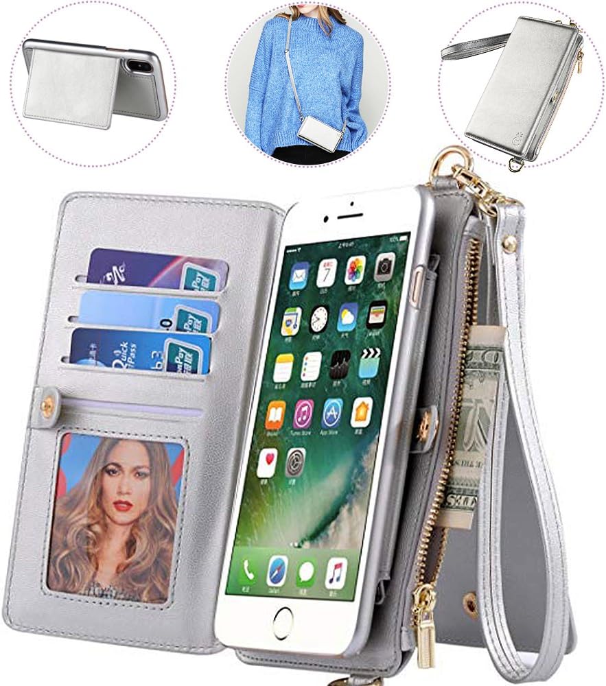 iphone 8 Plus Wallet Case with Crossbody&Wrist Strap,Auker