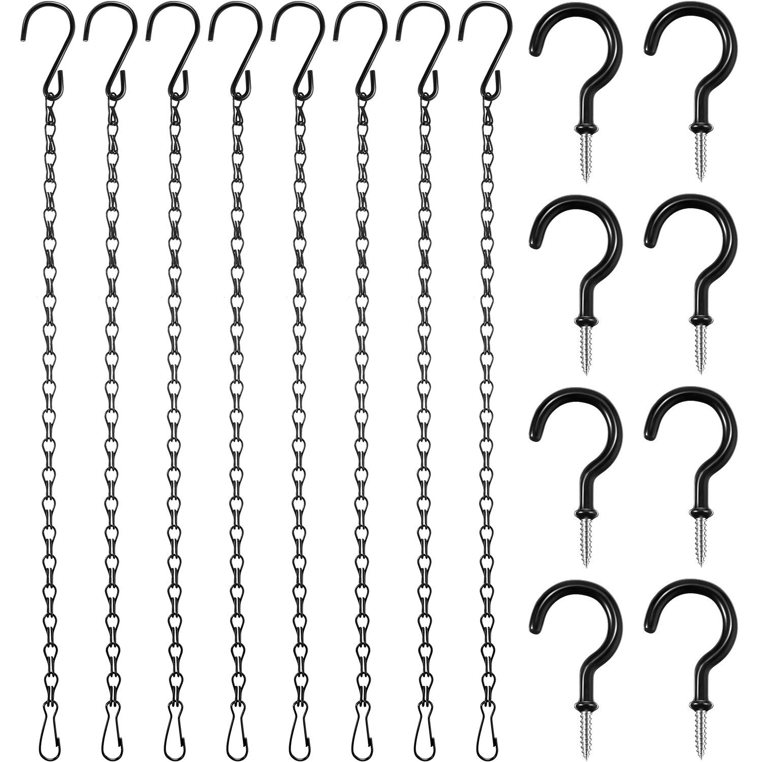 8 Pieces Metal Hanging Basket Chains with 8 Pieces Ceiling Hooks for Bird Feeders, Planters, Lanterns, Wind Chimes, Billboards, Chalkboards and More, 16.38 Inch (Black)