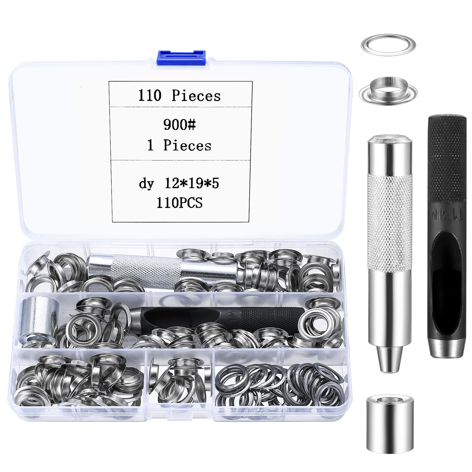 Grommet Kit Tool, 110 Pcs Grommets Eyelets Kit, Eyelets and Punch Metal Washers Setting Tool, 1/2" Eyelet Punch Kit 12mm Eyelets Set for Tarpaulin Leather Fabric Crafting Awning Curtain Eyelet Kit