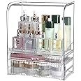 SuoXing Clear Acrylic Makeup Organizer for Bathroom Countertop With Lid,Dustproof Make up Storage Organizer for Vanity With 2 Drawers for Cologne Perfume,Beauty,Skincare Container for Top of Dresser