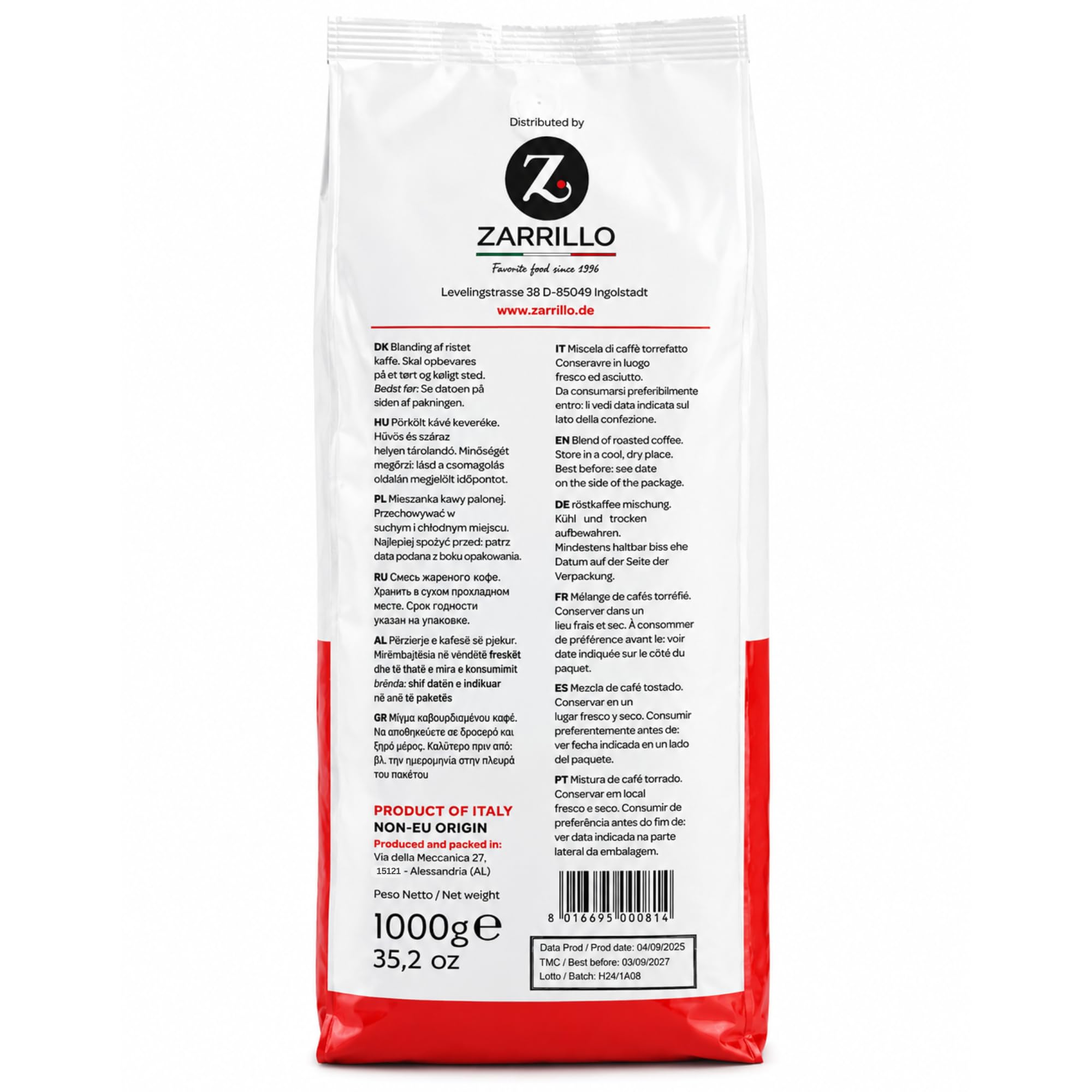 ZARRILLO Italienische Espresso Kaffeebohnen, Arabica und Robusta, für Vollautomaten & Siebträgermaschinen, Kräftige Crema, Mittlere Röstung (1 kg (1er Pack)) 2