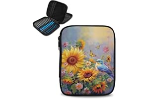 Hechitok Hummingbird Sunflower Crochet Hook Case Zipper Storage Organizer Bag with Pockets for Various Crochet Needles/Knitting Accessories/Crochet Hook Kit Tools