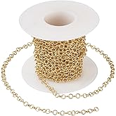 Pandahall 16.4 Feet 18K Gold Plated Brass Rolo Chains 3.5x0.8mm Golde Plated Chains Soldered Belcher Chain with Spool for DIY Jewelry Making Necklace Bracelet