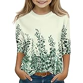 3/4 Sleeve Shirts for Teens Girls Crew Neck Cute Summer Tops Floral Print Blouses Clothes 5-16 Years