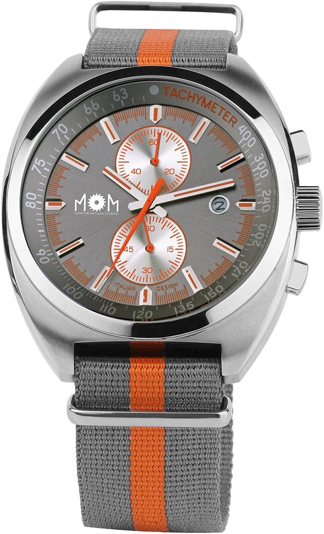 Italian Designed M.O.M. 059 Chrono Stainless Steel, Grey Dial with Orange Accents,Grey and Orange Nylon Strap Quartz Chronograph Watch PM7610-0767