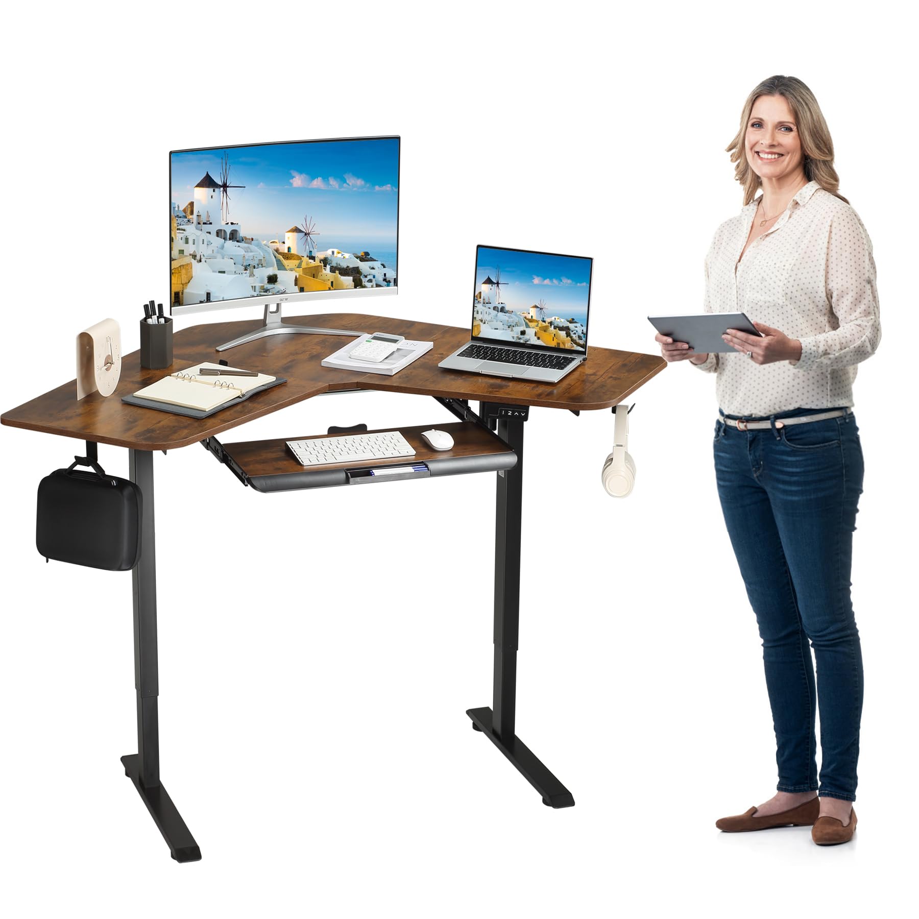 Photo 1 of ETHU Electric L-Shape Standing Desk with Keyboard Tray, Height Adjustable 29-42 inches, Modern Style, Brown, For Home Office, Gaming, Work