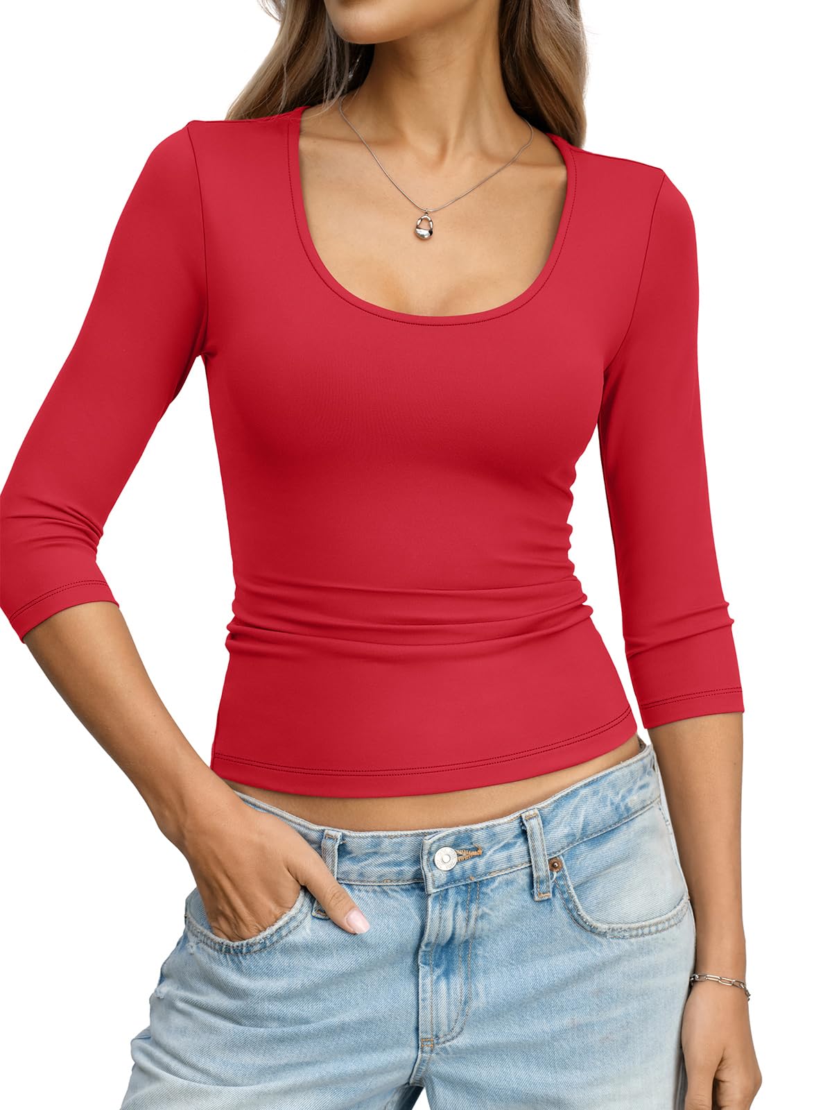 Photo 1 of Eachyes Womens 3/4 Length Sleeve Scoop Neck Tops Casual Slim Fit T-Shirts Basic Tees Spring Summer Outfits Clothes 2026 Red X-Large