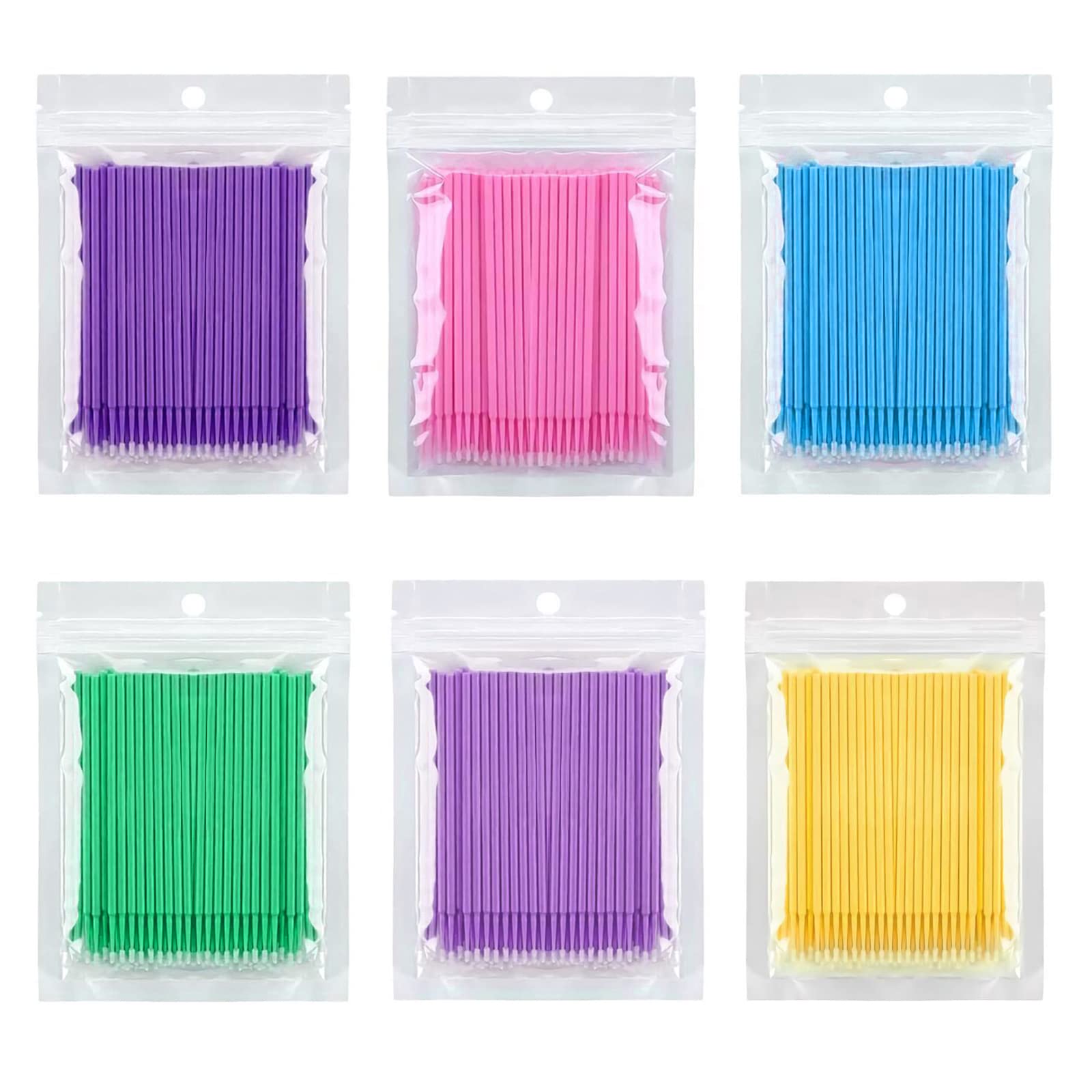 600Pcs Micro Brushes Disposable Applicator Eyelash Extensions Mascara Wands Brush for Eyebrow 6 Color - Dark Purple, Light Purple, Pink, Green, Blue, Yellow