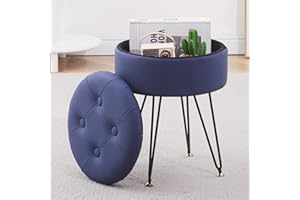 Cpintltr Faux Leather Storage Ottoman Round Footrest Stool Multifunctional Upholstered Ottoman with Metal Legs Modern Vanity Stools Tray Top Coffee Table Suitable for Living Room Bedroom Blue